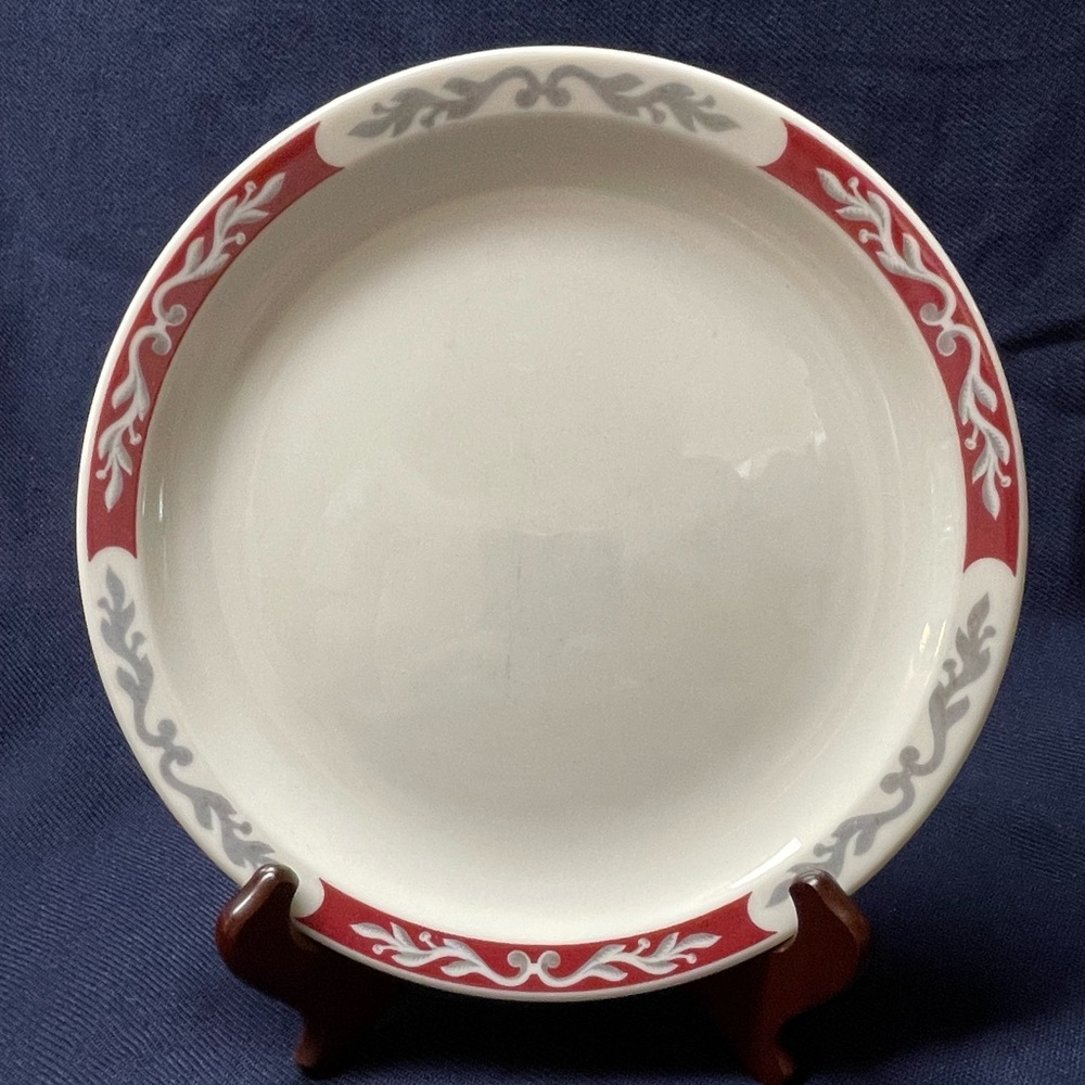 Syracuse China Red and Silver Embassy Pattern Luncheon Plate 8 7/8"